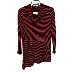 Chicos Zenergy Red Cowl Neck Sweater Striped Long Sleeve Tunic Size‎ 8 Medium